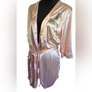 Predire Paris Luxury Satin Ice Pink Robe With Lace Details Size L